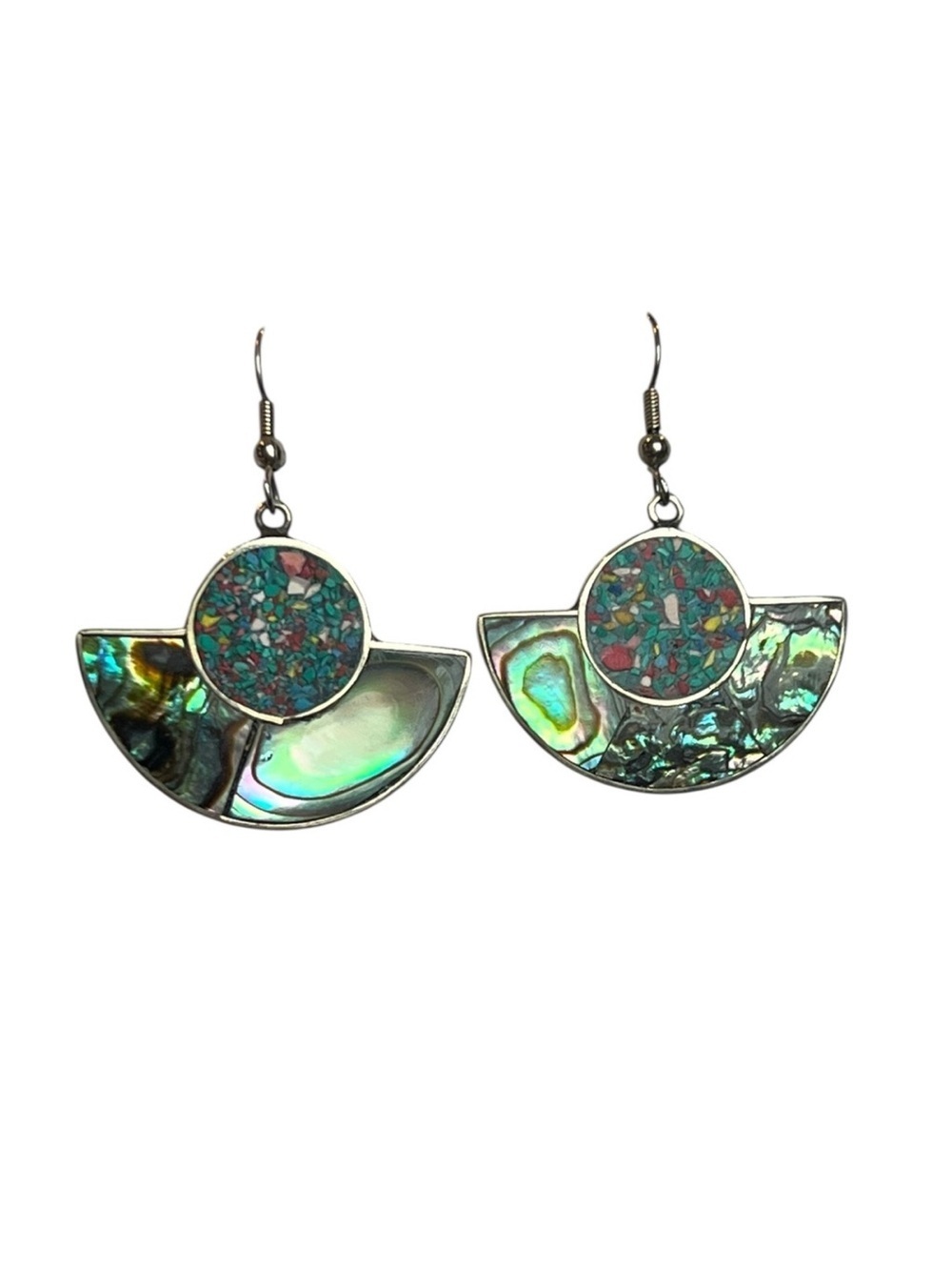 Vintage Alpaca Mexico Silver Abalone Mosaic Stone Inlay Pierced Earrings
